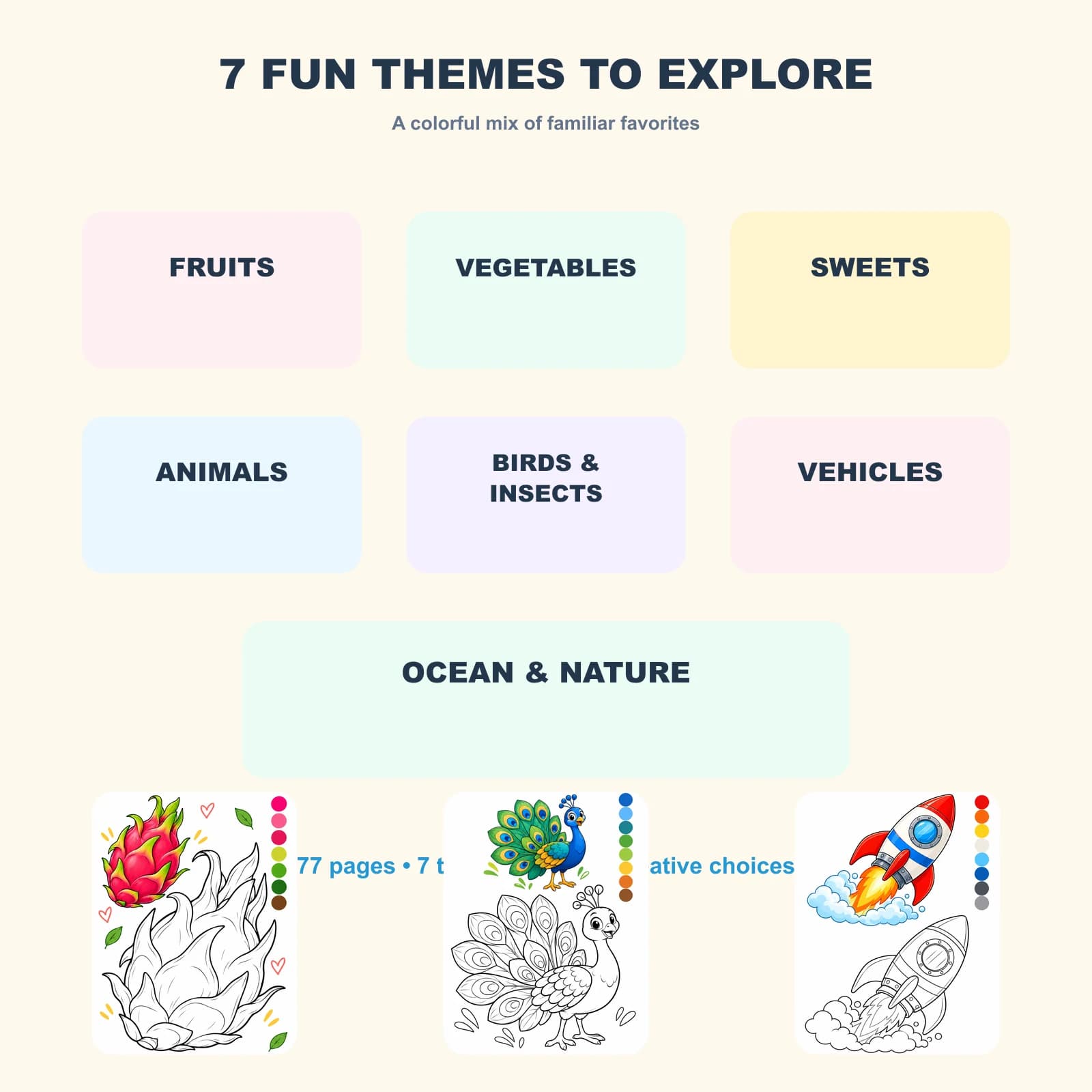 Seven coloring themes included in the book