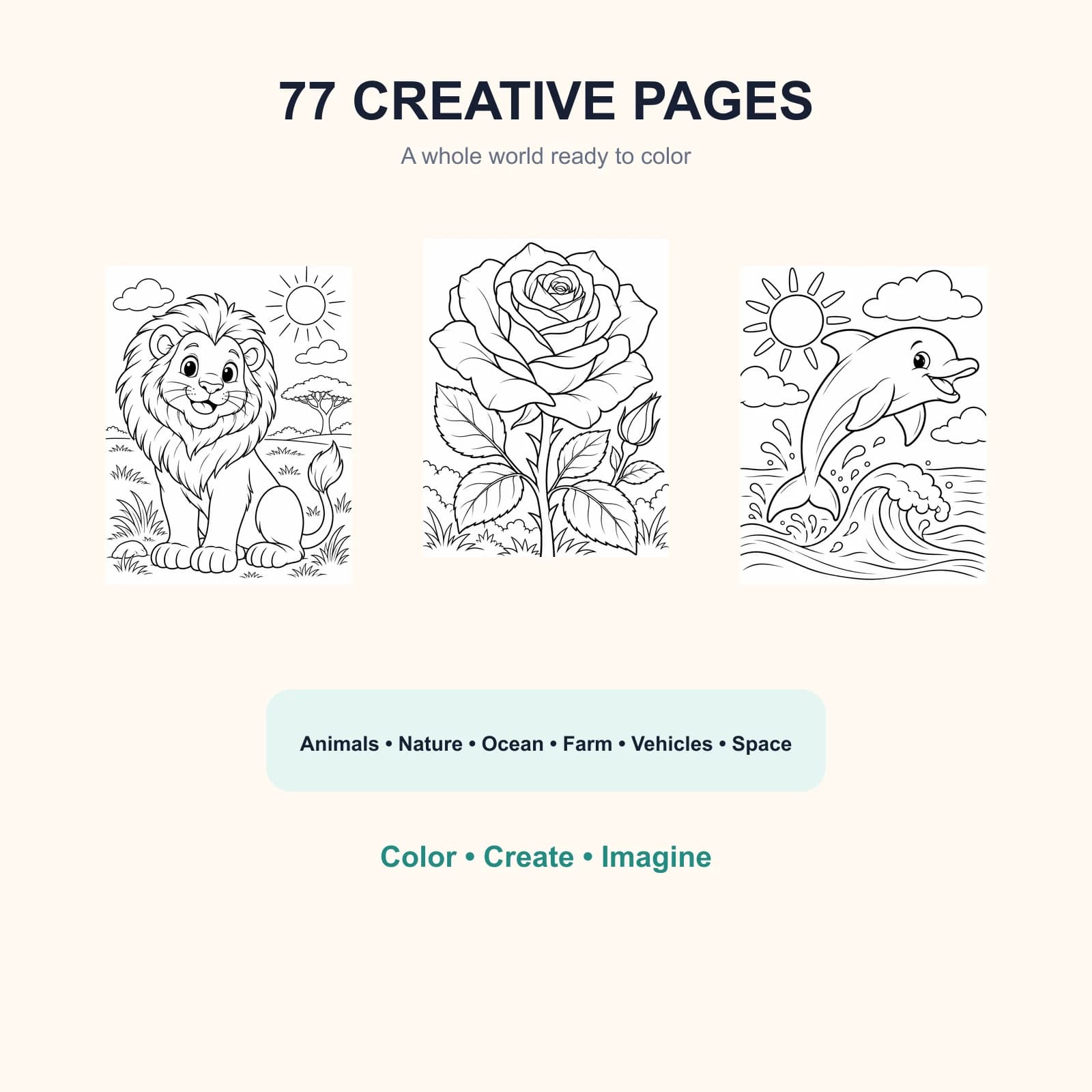 77 creative coloring pages included in Coloring Adventures Vol. 1