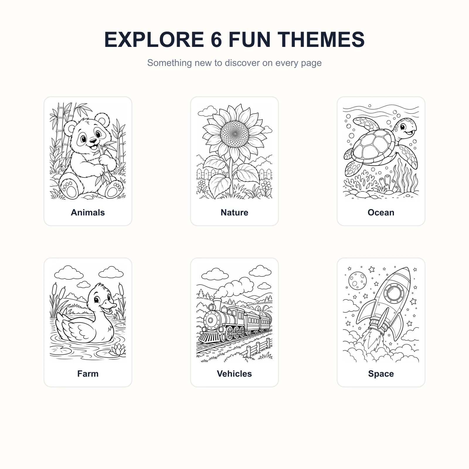 Six coloring themes included in Coloring Adventures Vol. 1