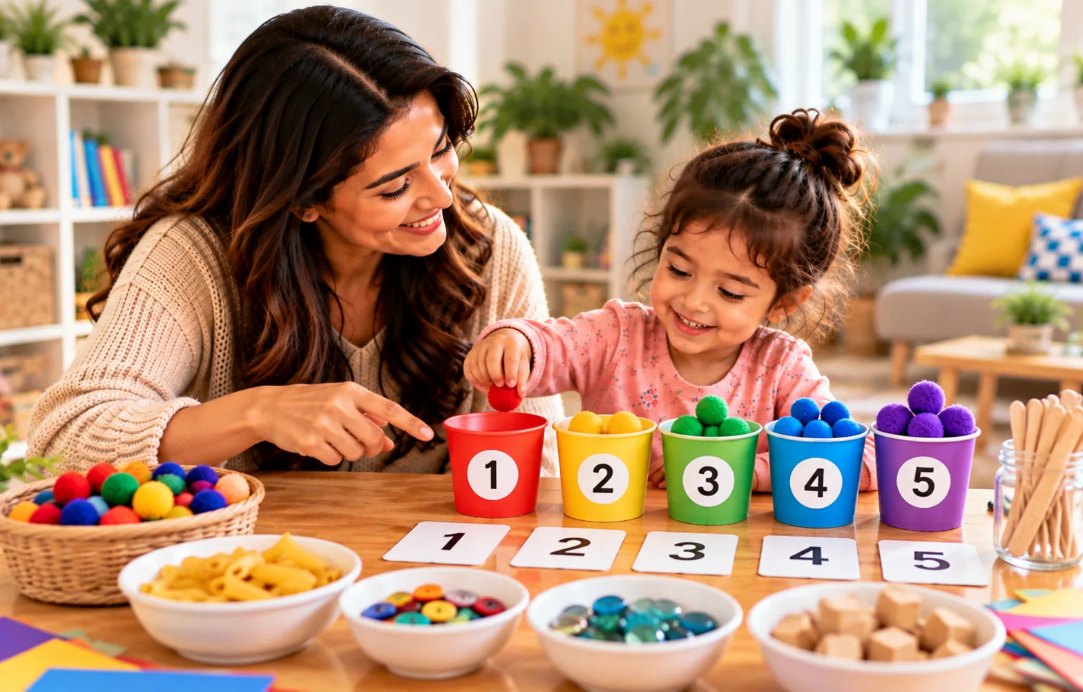 Parent and young child exploring leaves pinecones and other nature objects together