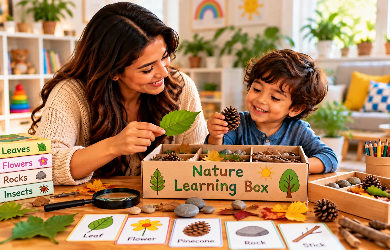 Parent and young child enjoying a colorful creative learning activity together