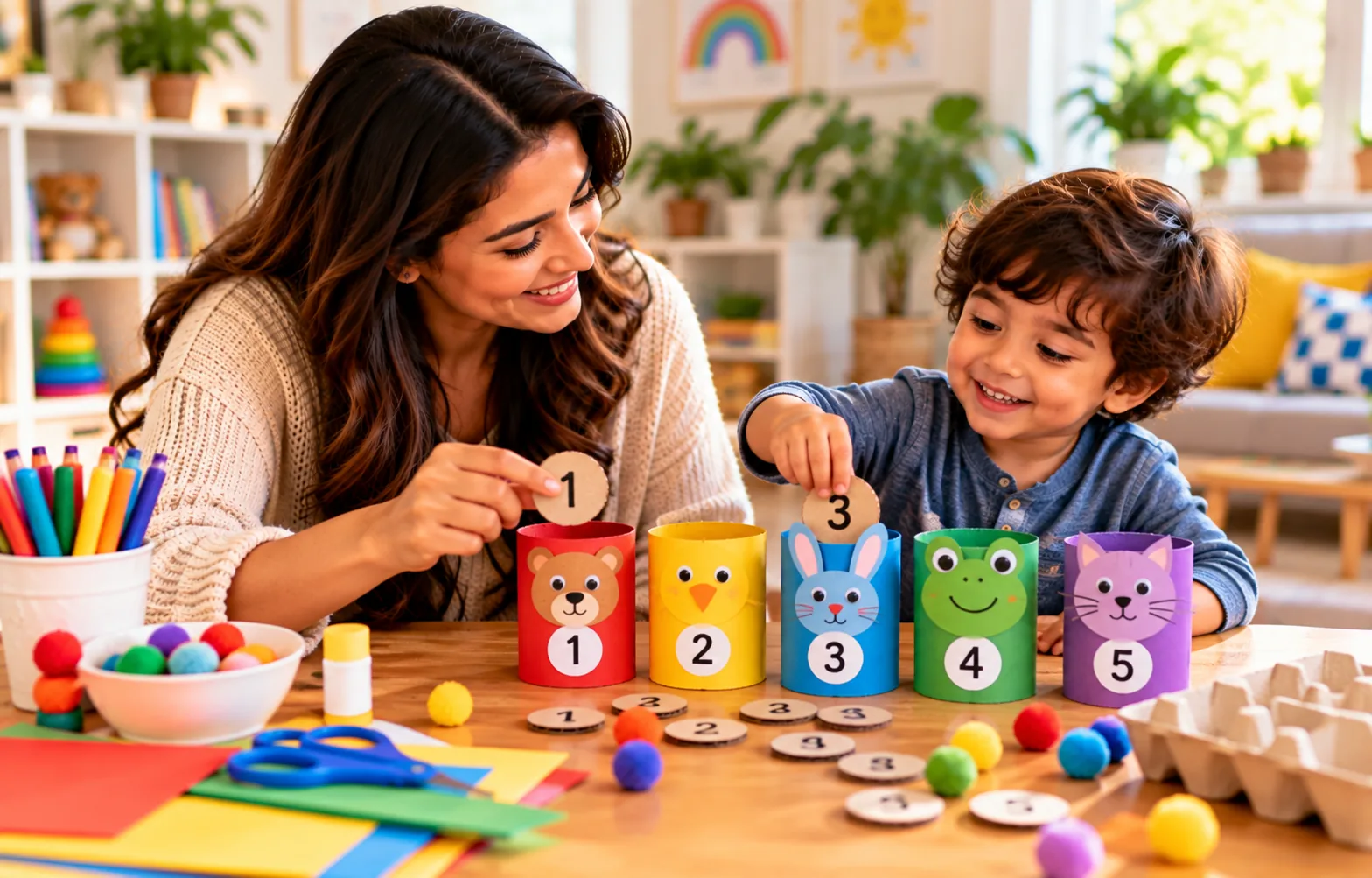Parent and preschool child enjoying a colorful hands-on sorting activity at home