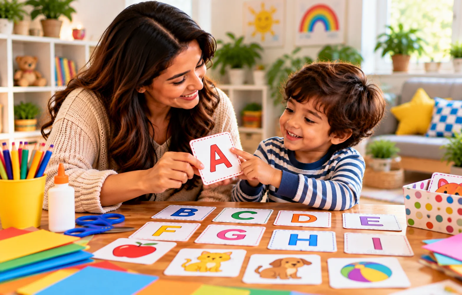 Parent and child practicing early counting with colorful household learning materials