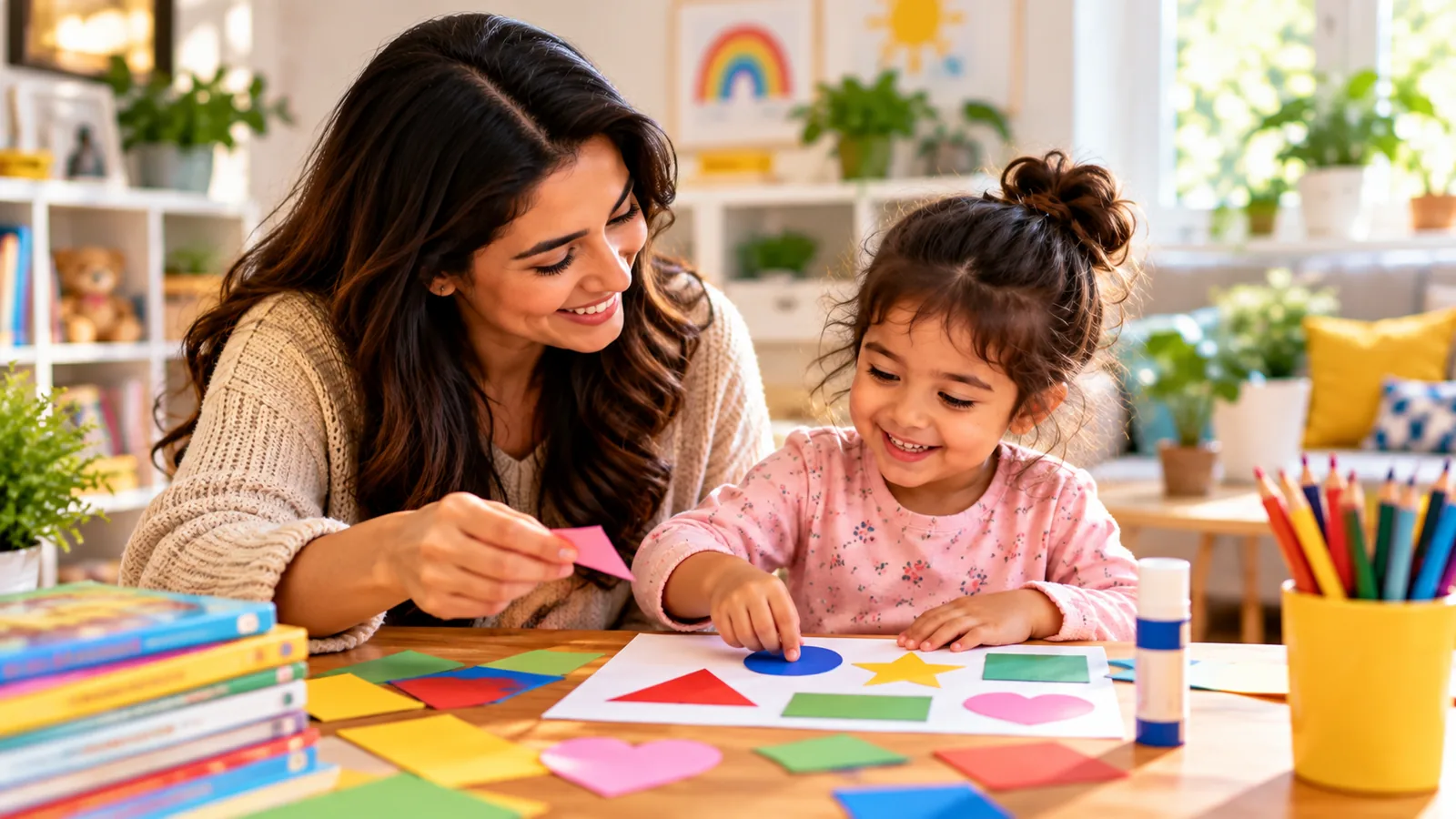 Parent and young child talking and learning together during a creative activity at home