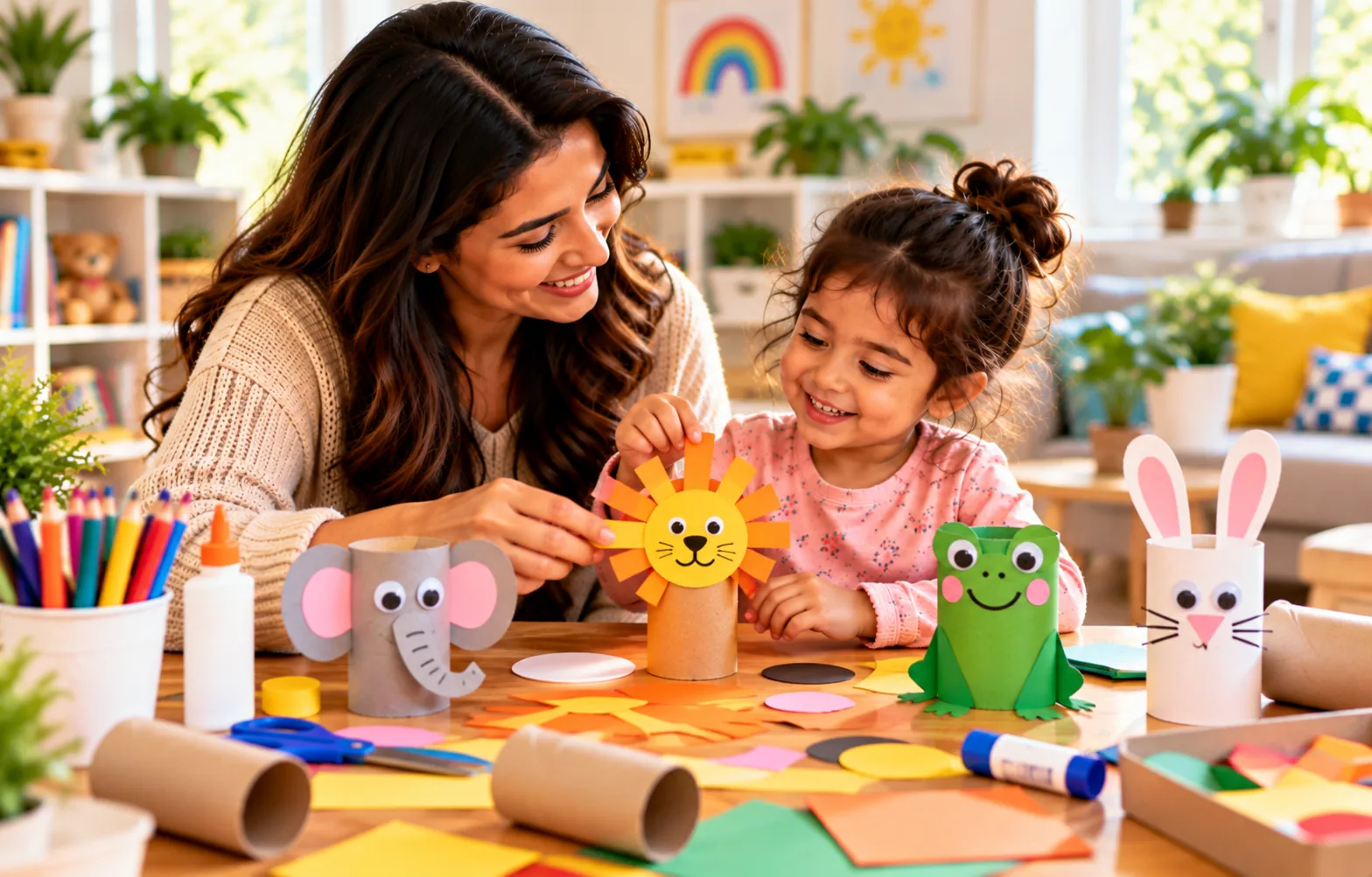 Parent and young child practicing letters with a homemade matching game