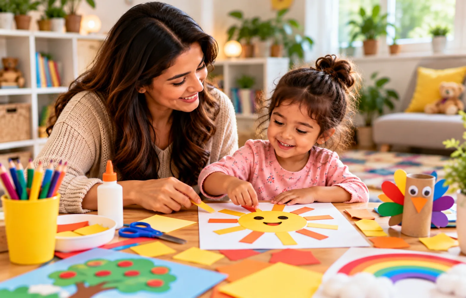 Parent and child creating a simple homemade learning activity with colorful craft materials