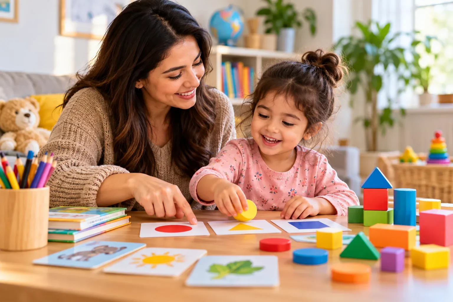Parent and young child enjoying a playful learning activity together at home