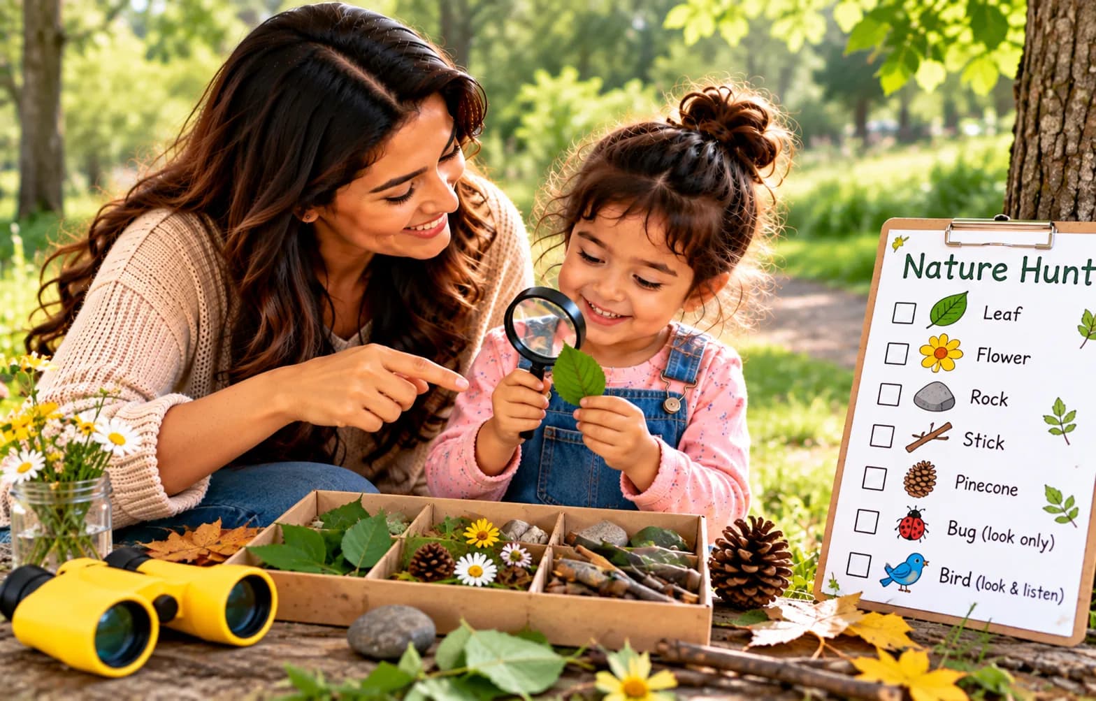 Parent and young child practicing vocabulary with colorful picture cards