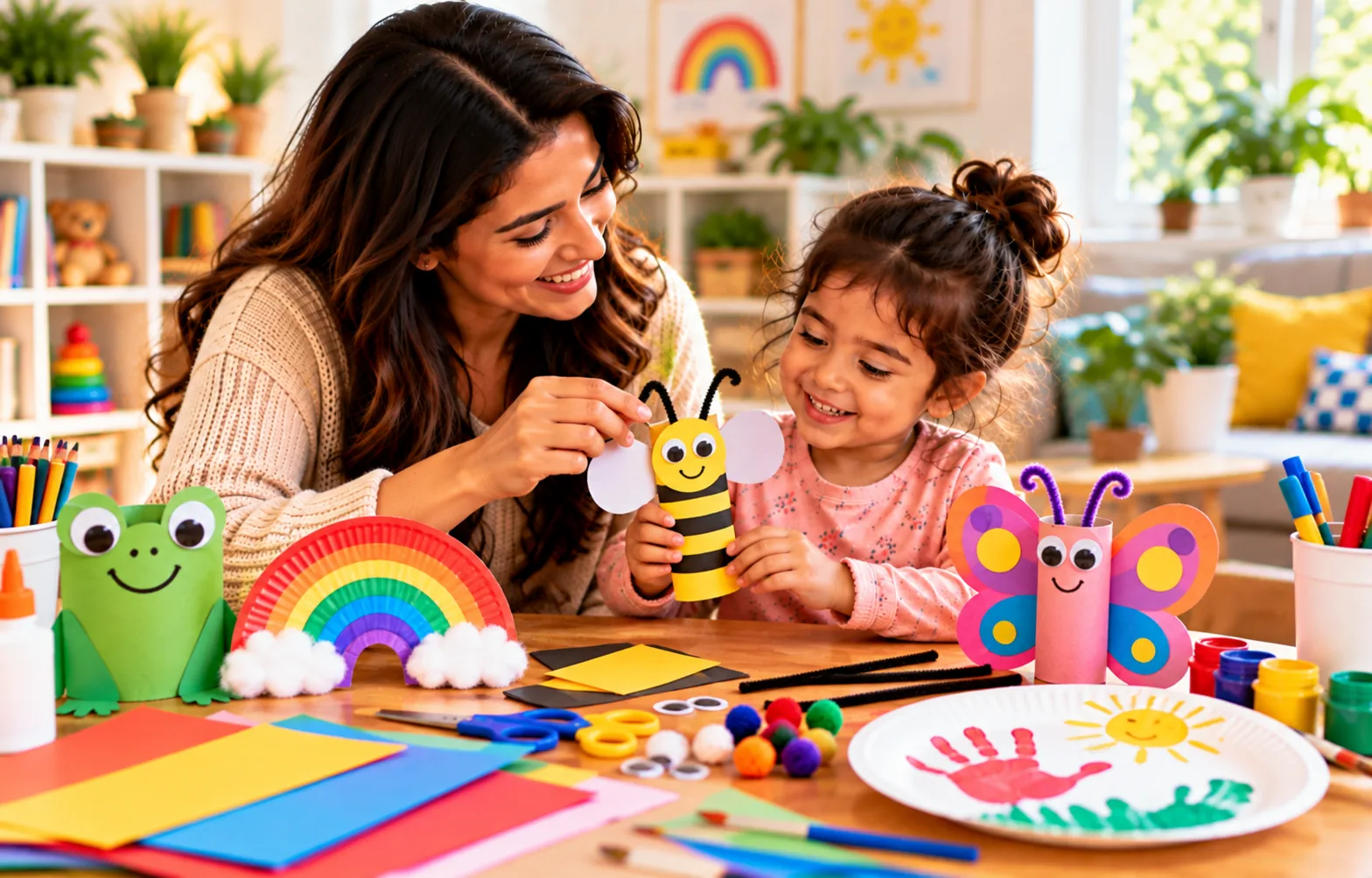 Parent and young child playing an educational matching game in a bright playroom