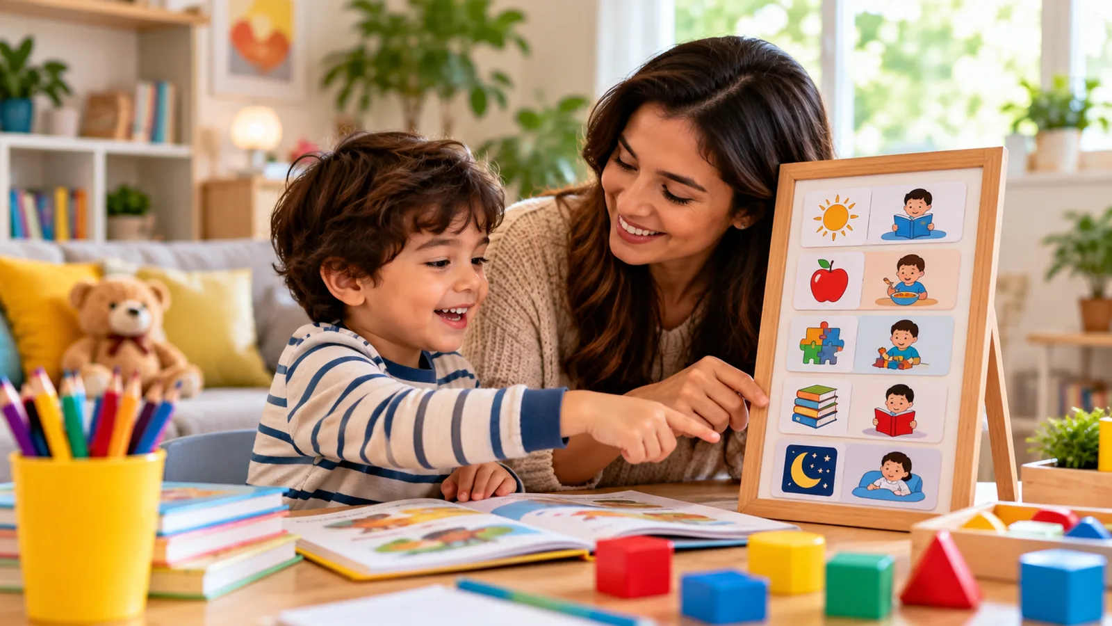 Parent and young child enjoying a simple learning routine together at home